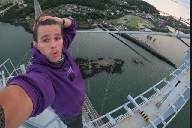 Adam Lockwood, 19, and three friends posed for selfies at the top of the structure, which towers around 500ft above the River Forth in central Scotland.