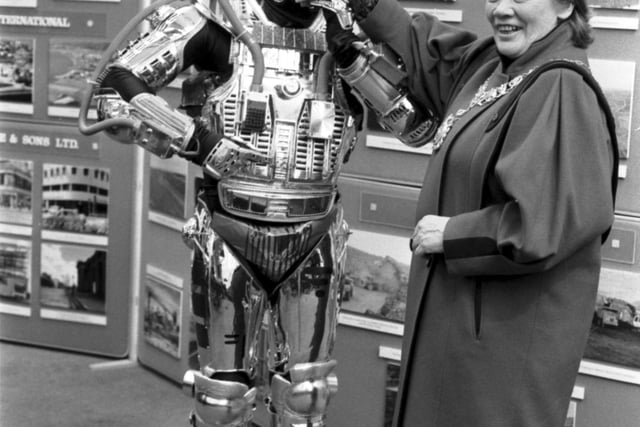 The Miller Group sent along Adam Robot to present a cheque for the Edinburgh Science festival to Lord Provost Eleanor McLaughlin in January 1990.