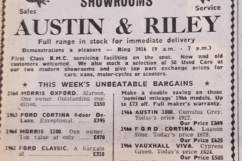The Ryhope Grange showrooms of Roland Monkhouse gives us an idea of the cars you could buy in the 60s. How about a Vauxhall Viva for £585 or an Austin 800 in 'cummulus grey' for £849.