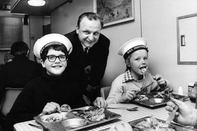 Happier times for HMS Sheffield when a party of city children were entertained aboard by Lt Commander J McGrigor