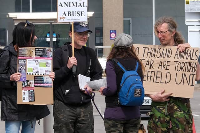 Some of the animal rights protesters who gathered outside the Alfred Denny building at Sheffield University today, opposing animal testing. Picture: Dean Atkins