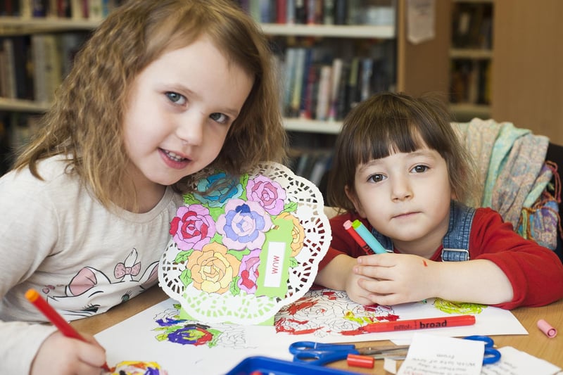 Hanna Bojarczuk and Marysia Tokarska at the Tuesday Club for 5-to-9-year-olds ,making Mother's Day cards at Dinnington Library Resource Centre in March  2013