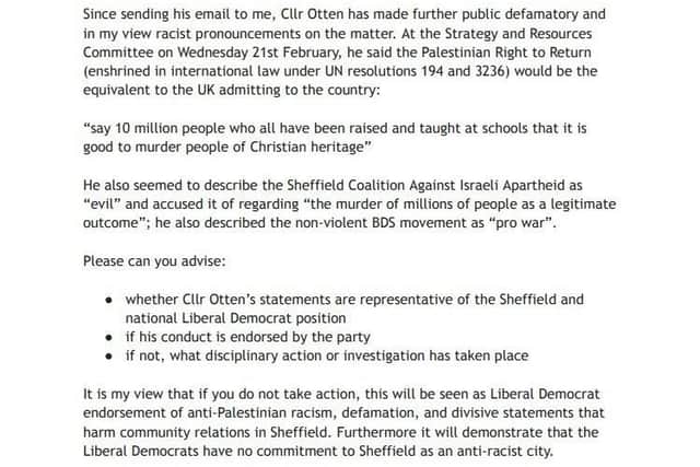 An open letter from Sheffield City Council Green Party Coun Alexi Dimond to Sheffield Liberal Democrat group leader Coun Shaffaq Mohammed. Picture: Alexi Dimond