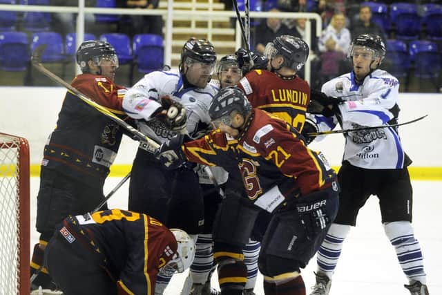 Former Sheffield Steeldogs player/coach Andre Payette (second left) in action during the EPL Final in 2014. He sadly died on Wednesday, aged 46. Picture: Steve Ellis
