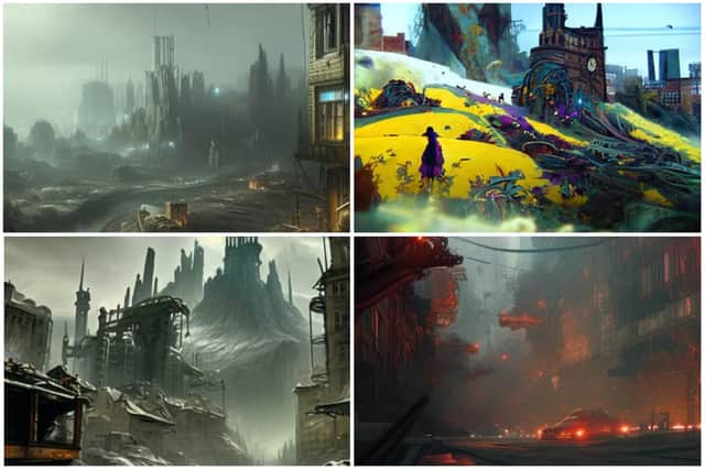 'Sheffield as a post apocalyptic wonderland'. Using NightCafe platform to create four images. Three using the Stable algorithm and one using Coherent (top right) which appears to include a church.