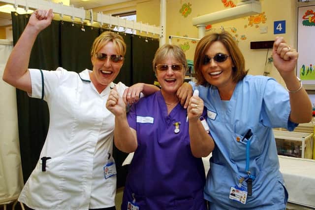 Staff at the accident and emergency department of the University Hospital of Hartlepool pictured 17 years ago - but why were they celebrating?