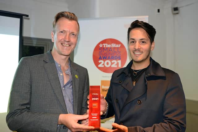 Councillor Paul Turpin, Executive Member for Inclusive Economy, Jobs and Skills, presents the New Business of the Year award to The Suited Baker Ermes Giummarresi at The Star's Small Business Awards. Picture: Marie Caley