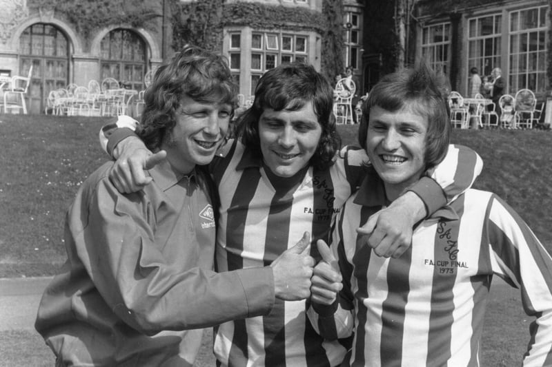 Sunderland players (left to right) Jimmy Montgomery, Ian Porterfield and Dennis Tueart put their thumbs up for the camera three days before their FA Cup Final appearance against Leeds United, which Sunderland won 1-0. The photo was taken on May 2, 1973.