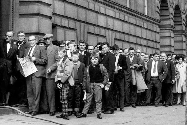 Queues at Sheffield City Hall for the National Angling Show, April 15, 1967