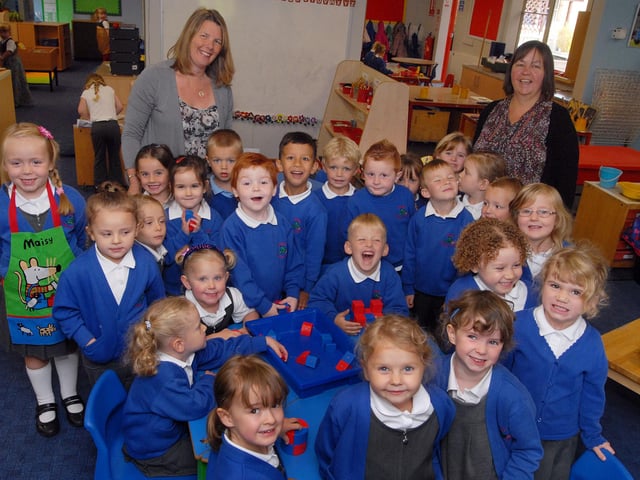 Foundation 2 new starters pictured  with class teachers Julia Mayhew and Sandra Mansfield in 2012