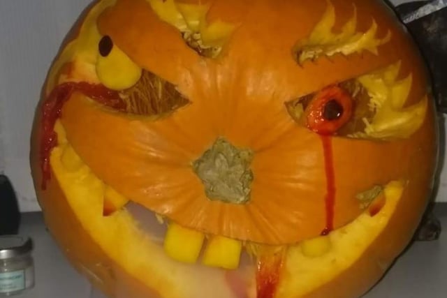 A grotesque pumpkin face by Kelly Fisk.