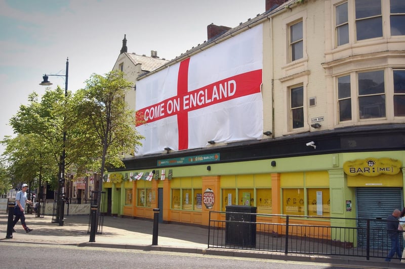 A giant banner on the side of Bar Me in Low Row showed support for England in this year.