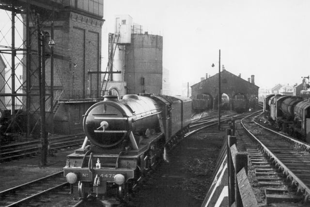 The famous Flying Scotsman takes the spotlight in the foreground but Mainsforth Terrace can be seen in the background.