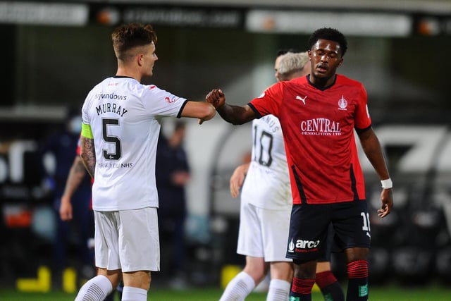 Full time: Dunfermline win 2-0. New Falkirk signing Akeel Francis bumps fists with Euan Murray