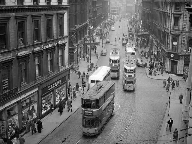 Trams in  Union Street,  Glasgow. The city waved farewell to its 'caurs' in 1962.