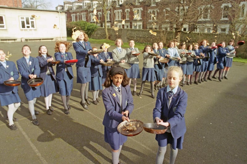 A March 1992 scene showing Sunderland Church High School students in a sponsored pancake toss. Remember it?