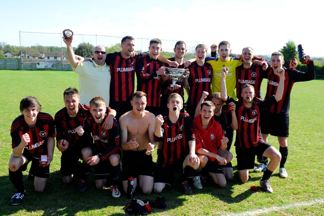 Hordean Hawks celebrate after beating Baffins Milton to win the Father Purcell Cup at Horndean FC, 2013. Picture: Allan Hutchings