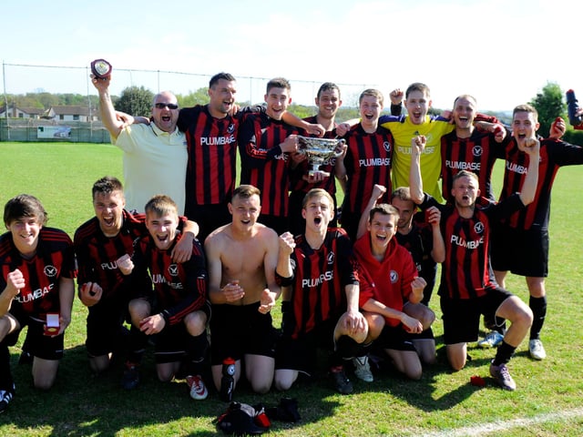 Hordean Hawks celebrate after beating Baffins Milton to win the Father Purcell Cup at Horndean FC, 2013. Picture: Allan Hutchings