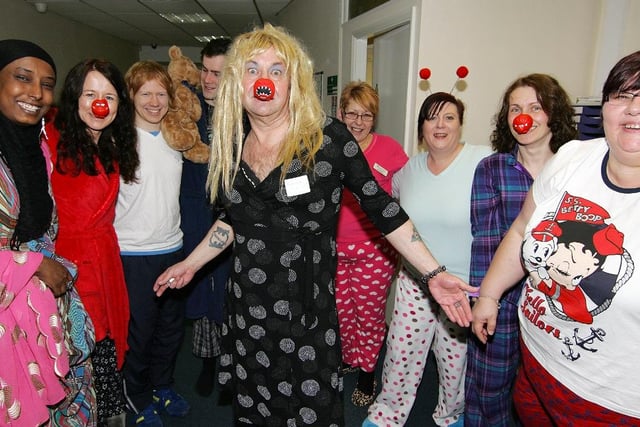Staff at Sheffield Credit Union celebrating Red Nose Day in 2013.