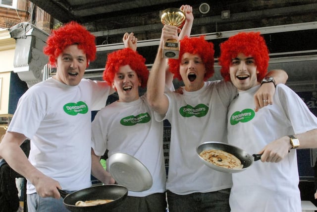The 2009 pancake race in King Street and here is the Specsavers team ready for action.