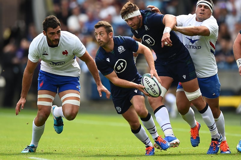 August 24, 2019, summer test: Scotland 17, France 14 
The second of two Rugby World Cup warm-ups against France in as many weeks saw Sean Maitland and Chris Harris score tries for the hosts.
Here Greig Laidlaw looks to pass the ball at Murrayfield in Edinburgh. (Photo by Andy Buchanan/AFP via Getty Images)