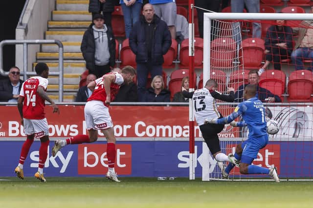 Michael Smith of Rotherham United scores their first goal against Portsmouth: Daniel Chesterton/phcimages.com