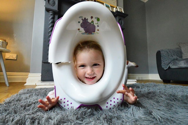 Hartlepool youngster Clodagh-Mae Cafferkey, three, repeated what her dad, Shaun Patrick Cafferkey, 36, managed to do 34 years earlier by getting a toilet seat stuck on her head.