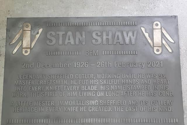 Rosemary Shaw unveiled the memorial, pictured,  to her husband Stan who died last year aged 94, outside the Cutlers Hall, in Sheffield.