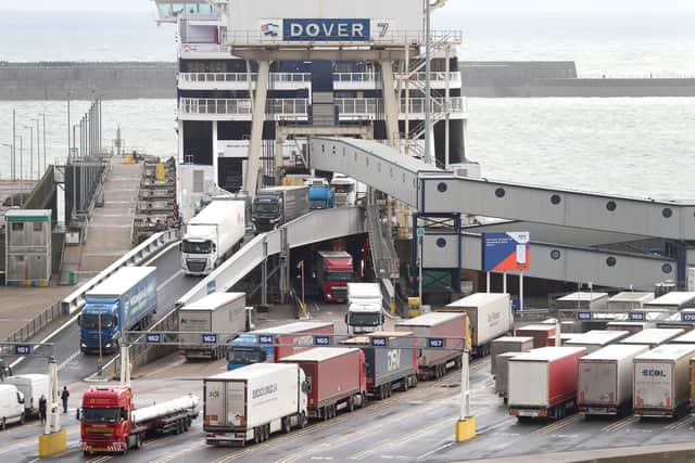 Lorries leave a ferry at the port of Dover in Kent as the clock ticks down on the chance for the UK to strike a deal before the end of the Brexit transition period on December 31.