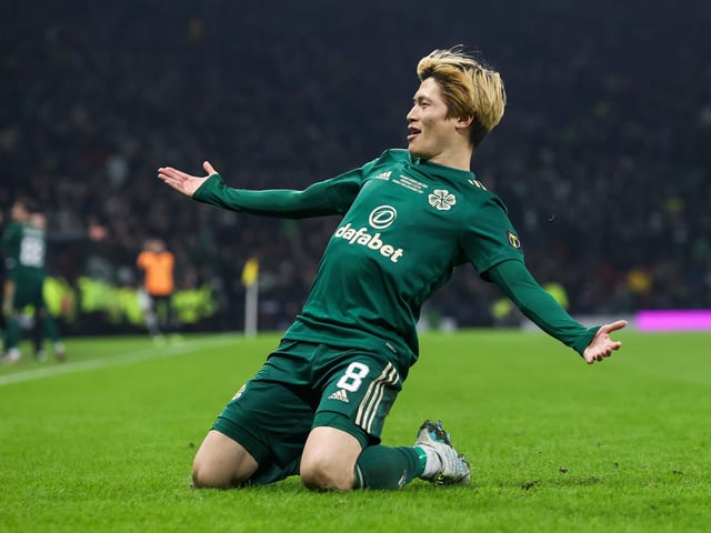 Celtic’s new hero Kyogo Furuhashi celebrates after scoring the winner in Premier Sports Cup Final between Celtic and Hibernian at Hampden Park earlier this month.