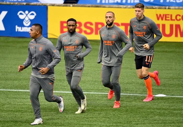 Rangers' Alfredo Morelos, Jermaine Defoe, Kemar Roofe and Cedric Itten during a Scottish Premeriship match between Kilmarnock and Rangers at Rugby Park, on November 01, 2020. (Photo by Rob Casey / SNS Group)