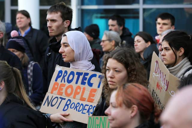 An anti-deportation protest outside Vulcan House in Sheffield last year