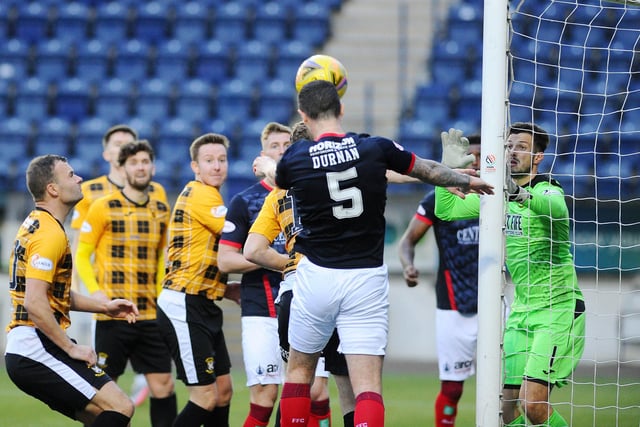 Mark Durnan 5 heads back across the penalty box for Akeel Francis 16 to score Falkirk's second goal.