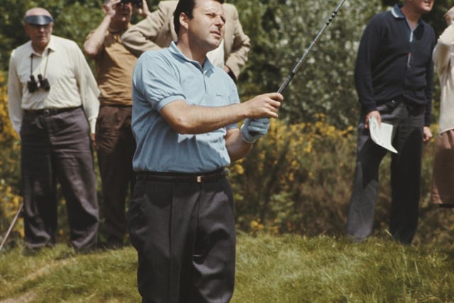 Peter Alliss plays an iron shot at the 1965 Piccadilly World Match Play Championship at Wentworth. Alliss, still the voice of golf for the BBC, won the PGA title twice, though not at Wentworth. His first victory came at Maesdu in Wales in 1957 and he won again eight years later at Little Aston.