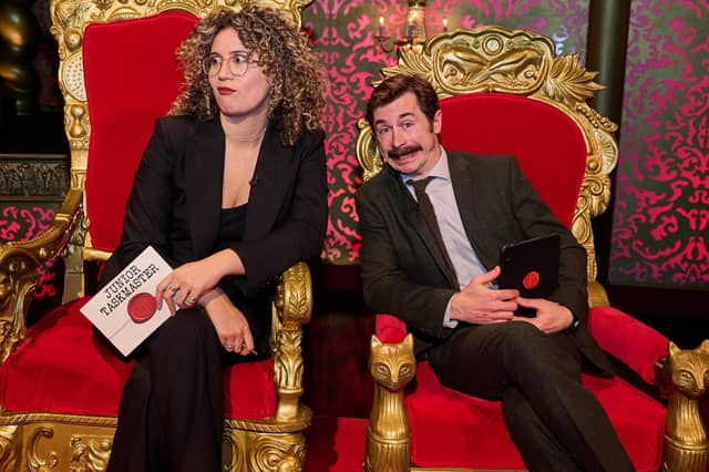 Junior Taskmaster host Rose Matafeo with her assistant Mike Wozniak (Picture: Rob Parfitt/Channel 4)