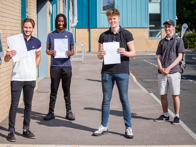 Samual Beer, Karim Henry, Oli Boniface and Cameron Jackson with their results at UTC College in Portsmouth. Picture: Habibur Rahman