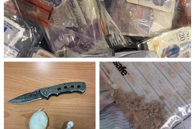 The heroin and cannabis, lock knife, and cash pictured here were seized during arrests as part of a police crackdown on county lines drug dealing in Chesterfield. 
Police uncovered the haul after searching a man and a woman on Lordsmill Street. 
Later four more people were arrested at a hotel in the town centre after reports that drug dealing had been taking place there.