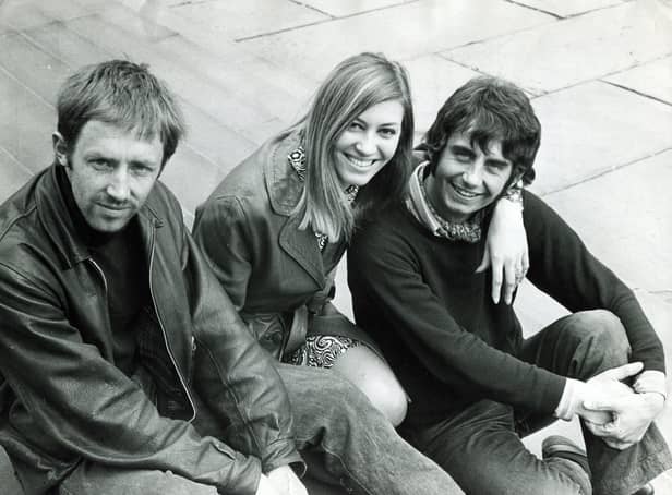 Three members of the Sheffield Playhouse, Townhead Street, are leaving Sheffield at the end of the current season... our picture shows the three relaxing on the City Hall steps, left to right, Christopher Wilkinson, Myra Frances, and Barrie Smith, June 12, 1968