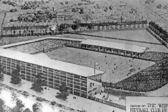 An early bird's eye view of Sheffield Wednesday's Hillsborough Stadium, which was called Owlerton Stadium until 1914, showing housing on Vere Road (top) and Penistone Road. The exact date is unknown but it is believed to be from between 1900 and 1919