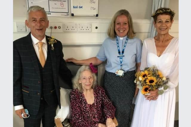 Northern General Hospital made sure Barbara Muggeridge did not miss out  on her daughter's wedding – by arranging a blessing for the wedding couple on the ward where she was being looked after so she could share in the special family moment.  Pictured are Barbara Muggeridge (seated) with (l-r) Anthony O’Brien, Reverend Louise Yaull and Tracey O’Brien