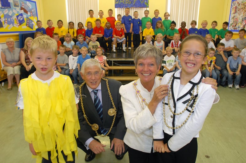 The Mayor and Mayoress, Coun John Anglin and Chris Anglin met the cast of the school's 2009 production called The Little Muncher. Remember it?