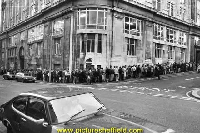 Queue for jobs at the Job Centre, (formerly Barclays Bank),Telephone Buildings, as seen from the corner of Pinfold Street and Holly Street 1983