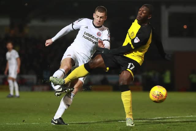 Sheffield United's Paul Coutts suffers a serious leg injury after a tackle from Burton Albion's Marvin Sordell during the Sky Bet Championship match at The Pirelli Stadium, Burton: Mike Egerton/PA Wire.