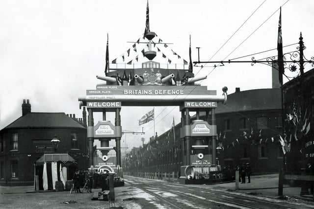 A Royal arch in position on Brightside Lane, Sheffield, for the visit of King Edward VII and Queen Alexandra in 1905.  To the left is the Norfolk Arms public house.