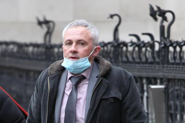 Pictured outside the High Court is former RF man Mark Mather, from Sheffield, who has filed a £4.9m claim against the MoD, claiming that exposure to paint and strippers left him 'high' and caused his multiple sclerosis