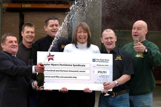 A Penistone syndicate celebrate their £213,751 win at Naylor Myers Builders Merchants in February 2006. From left to right are Dave Rogers, Michael Walker, Ian Haddington, Dawn Morfitt, Andrew Garwood and James Riley