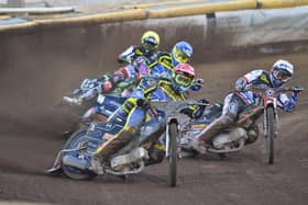 Adam Ellis on his way to a heat win last time out against Belle Vue. Photo: Charlotte Flanigan.