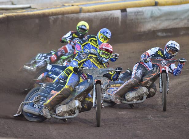 Adam Ellis on his way to a heat win last time out against Belle Vue. Photo: Charlotte Flanigan.