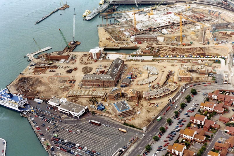 Aerial shot of Gunwharf Quays taking shape in August 1999.