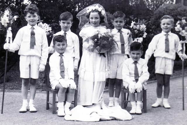 Monica Dyson, nee Morton, when she was May Queen at St. Patrick's RC Church, Sheffield Lane Top in 1950
Her consort was Paul Haslam